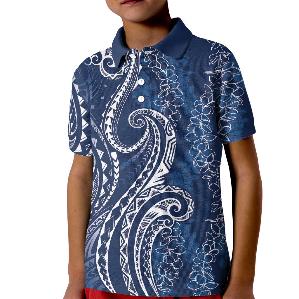 Polynesia Plumeria Lei Kid Polo Shirt Navy Blue Curves Motif