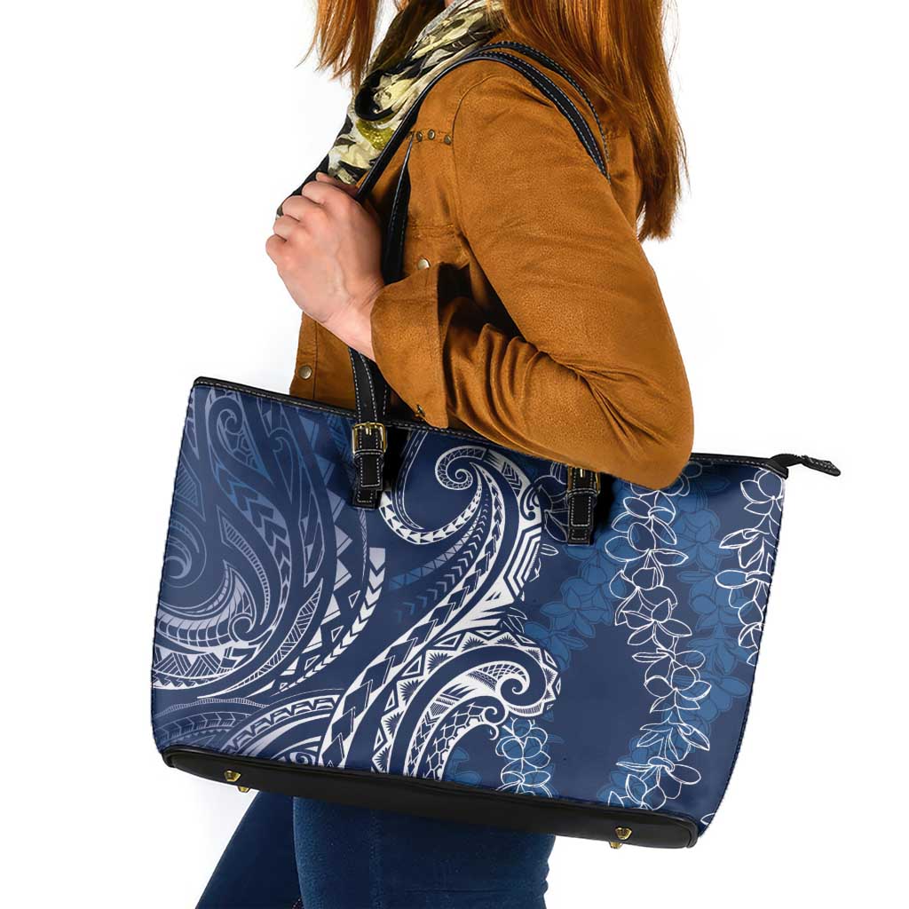 Polynesia Plumeria Lei Leather Tote Bag Navy Blue Curves Motif