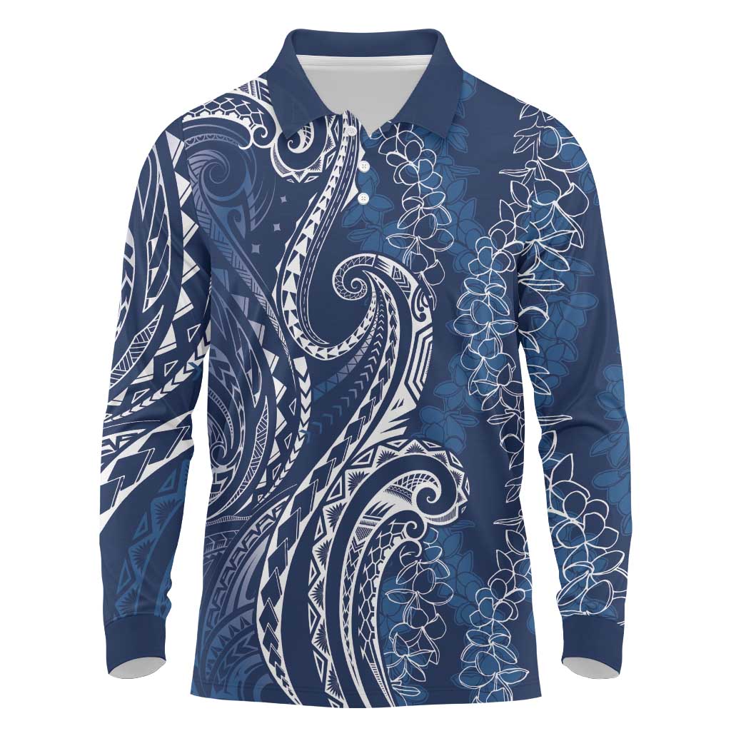 Polynesia Plumeria Lei Long Sleeve Polo Shirt Navy Blue Curves Motif