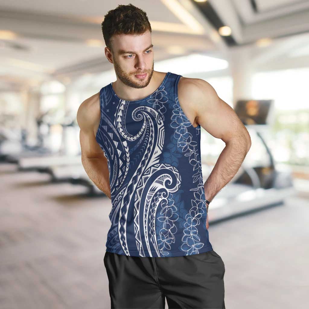 Polynesia Plumeria Lei Men Tank Top Navy Blue Curves Motif