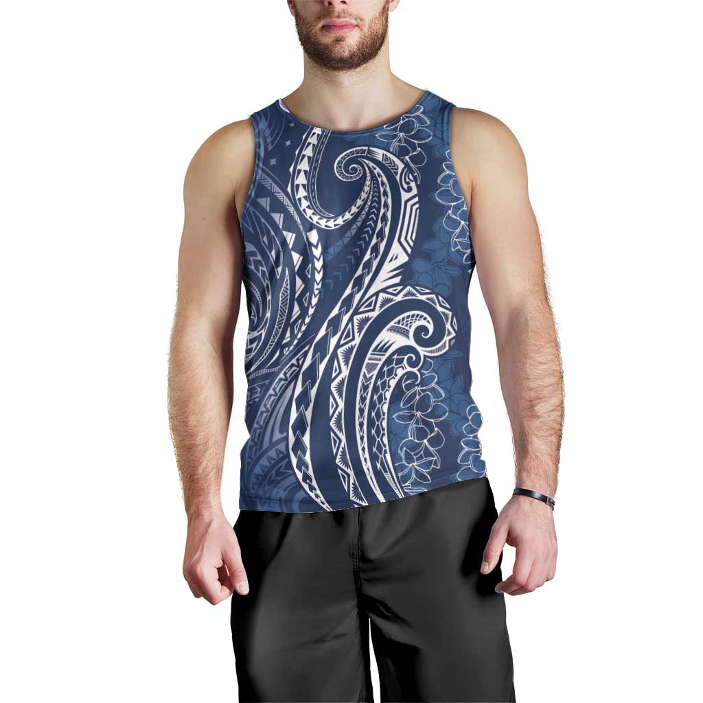Polynesia Plumeria Lei Men Tank Top Navy Blue Curves Motif LT7 - Polynesian Pride