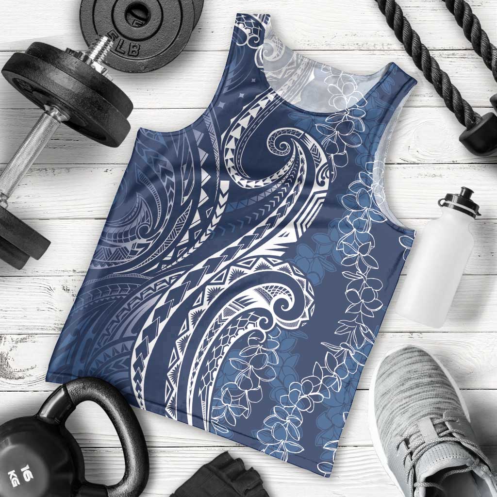 Polynesia Plumeria Lei Men Tank Top Navy Blue Curves Motif LT7 - Polynesian Pride