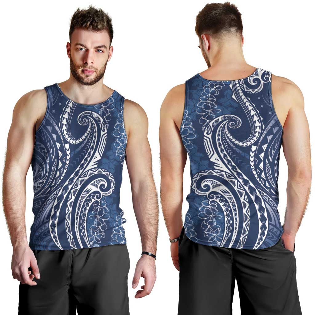 Polynesia Plumeria Lei Men Tank Top Navy Blue Curves Motif LT7 - Polynesian Pride
