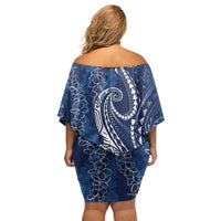Polynesia Plumeria Lei Off Shoulder Short Dress Navy Blue Curves Motif