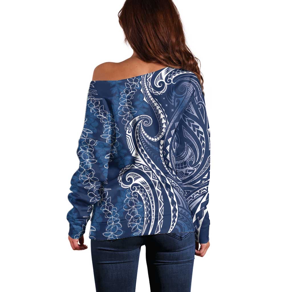 Polynesia Plumeria Lei Off Shoulder Sweater Navy Blue Curves Motif LT7 - Polynesian Pride