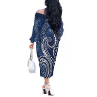 Polynesia Plumeria Lei Off The Shoulder Long Sleeve Dress Navy Blue Curves Motif