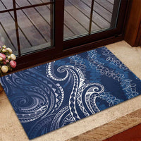Polynesia Plumeria Lei Rubber Doormat Navy Blue Curves Motif