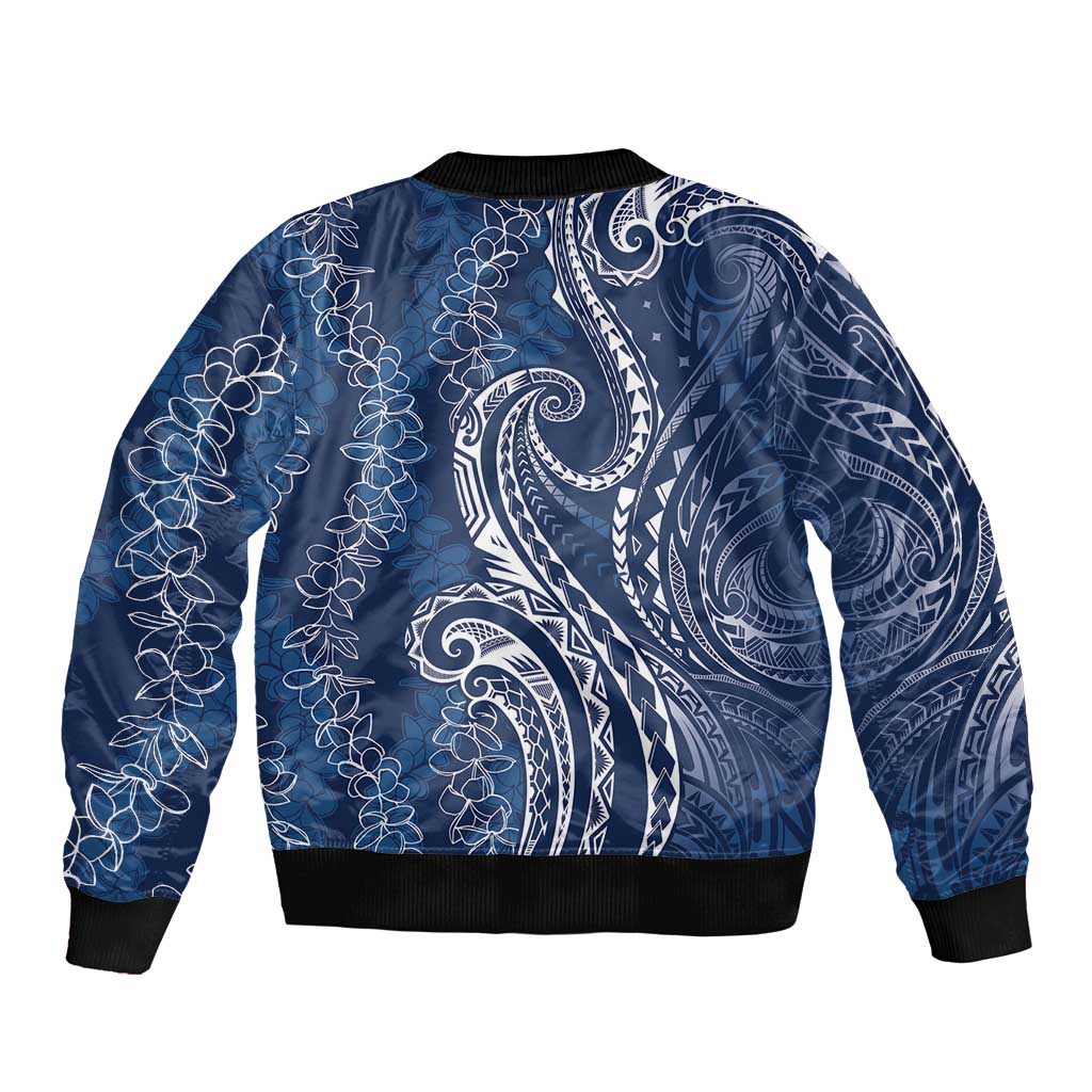 Polynesia Plumeria Lei Sleeve Zip Bomber Jacket Navy Blue Curves Motif LT7 - Polynesian Pride