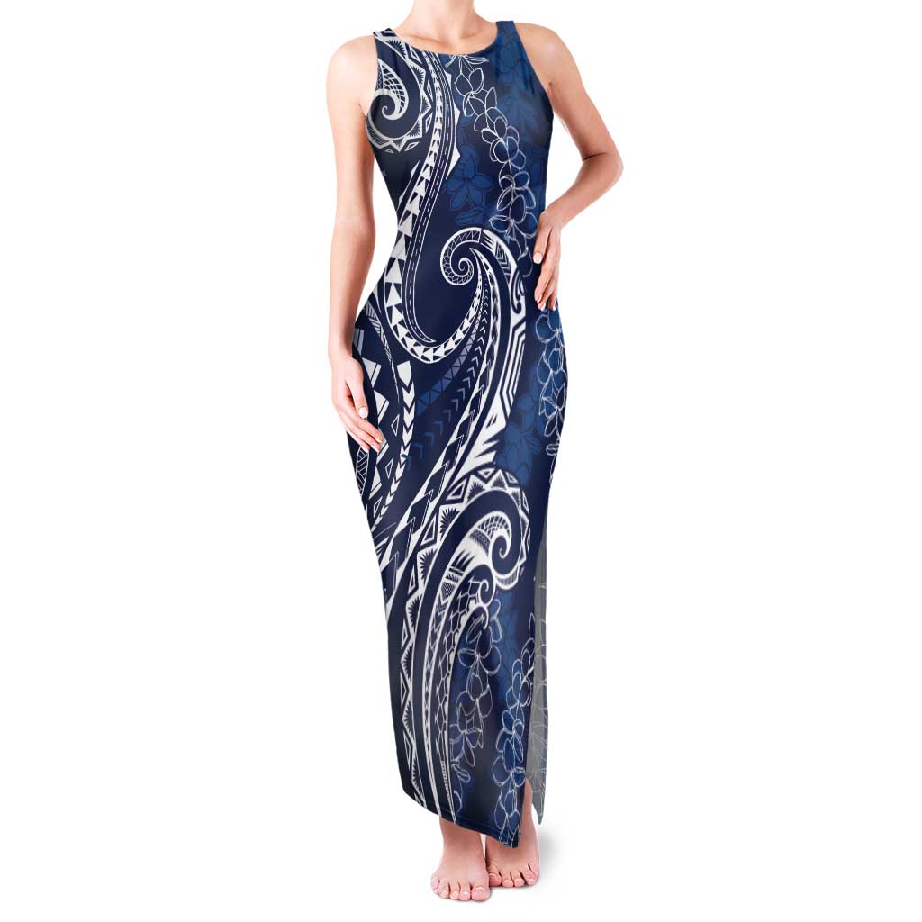 Polynesia Plumeria Lei Tank Maxi Dress Navy Blue Curves Motif