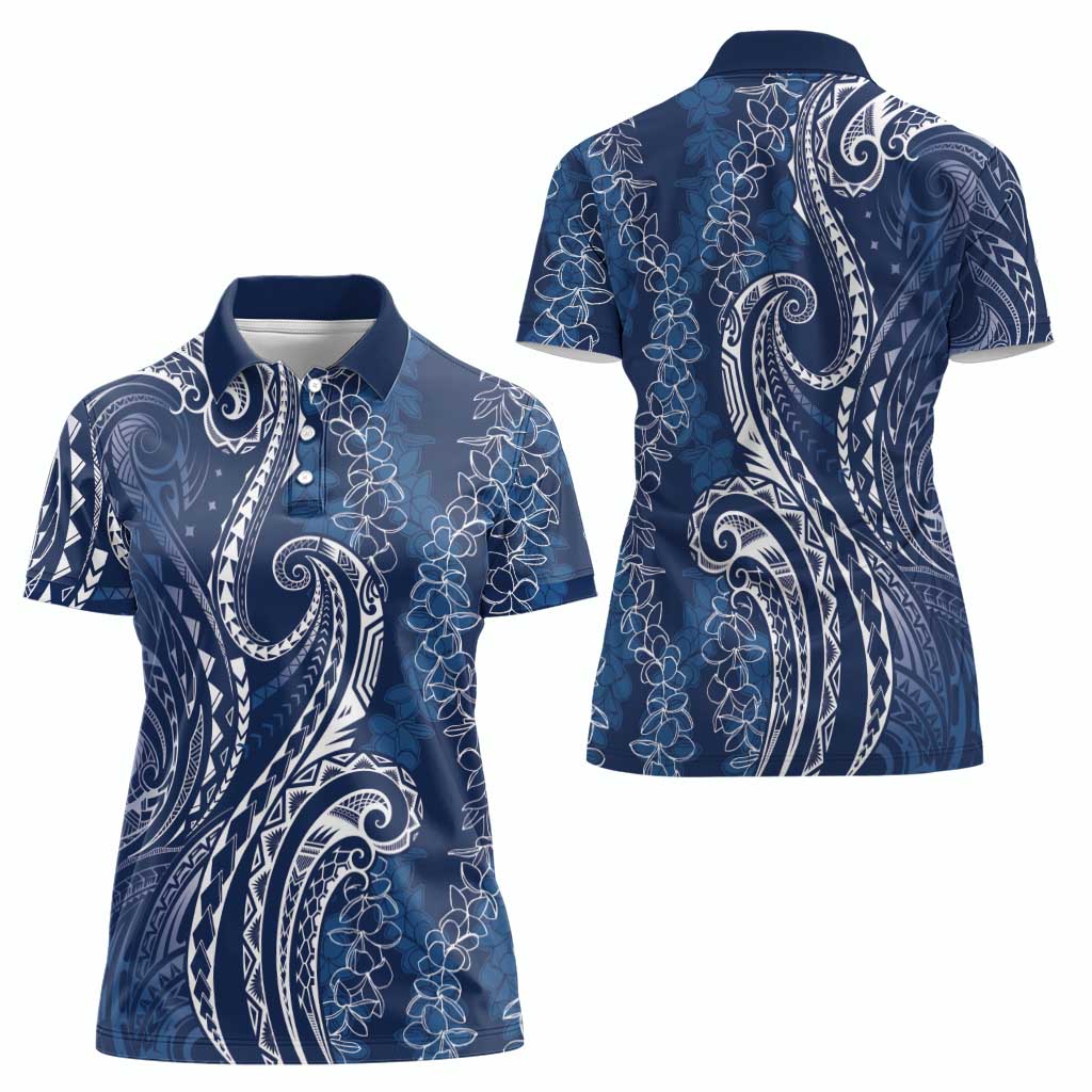Polynesia Plumeria Lei Women Polo Shirt Navy Blue Curves Motif LT7 - Polynesian Pride