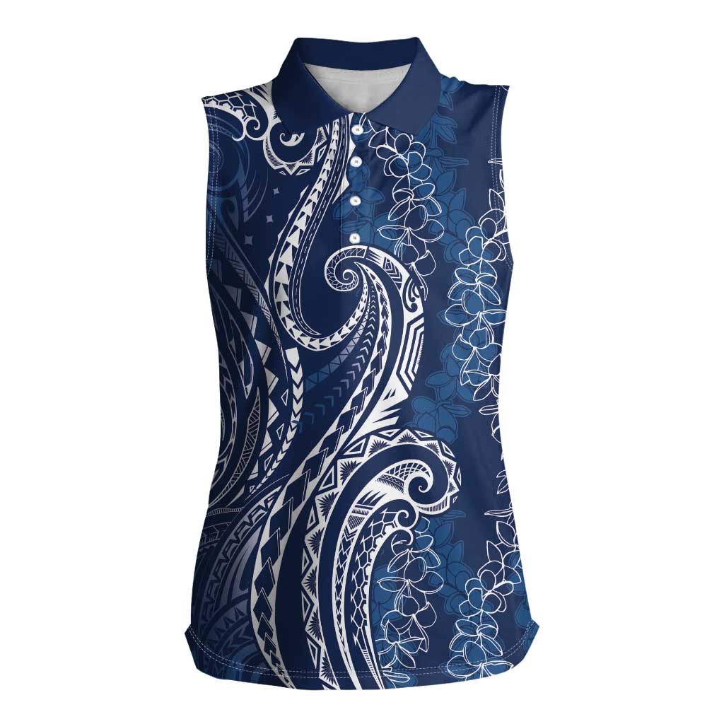 Polynesia Plumeria Lei Women Sleeveless Polo Shirt Navy Blue Curves Motif