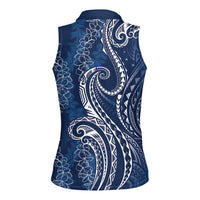 Polynesia Plumeria Lei Women Sleeveless Polo Shirt Navy Blue Curves Motif