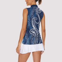 Polynesia Plumeria Lei Women Sleeveless Polo Shirt Navy Blue Curves Motif