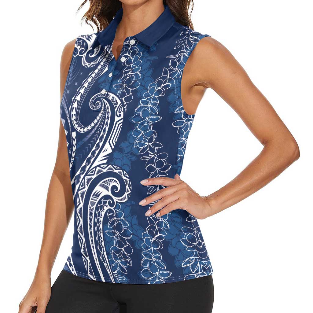 Polynesia Plumeria Lei Women Sleeveless Polo Shirt Navy Blue Curves Motif