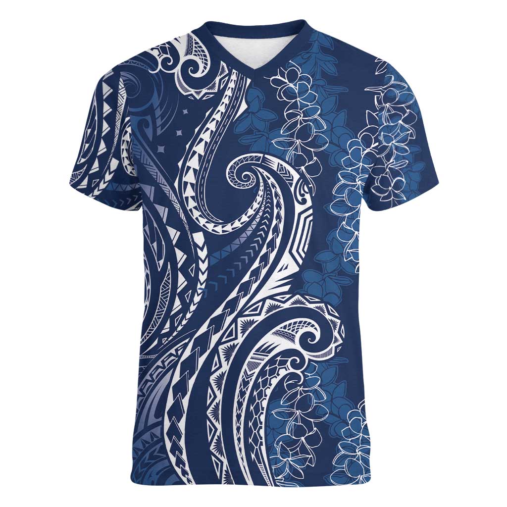 Polynesia Plumeria Lei Women V-Neck T-Shirt Navy Blue Curves Motif