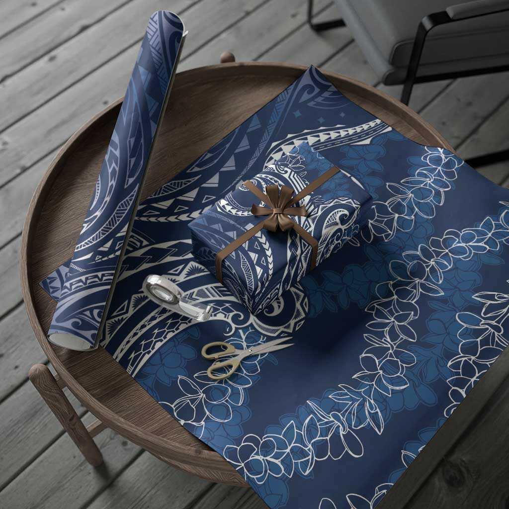 Polynesia Plumeria Lei Wrapping Paper Navy Blue Curves Motif