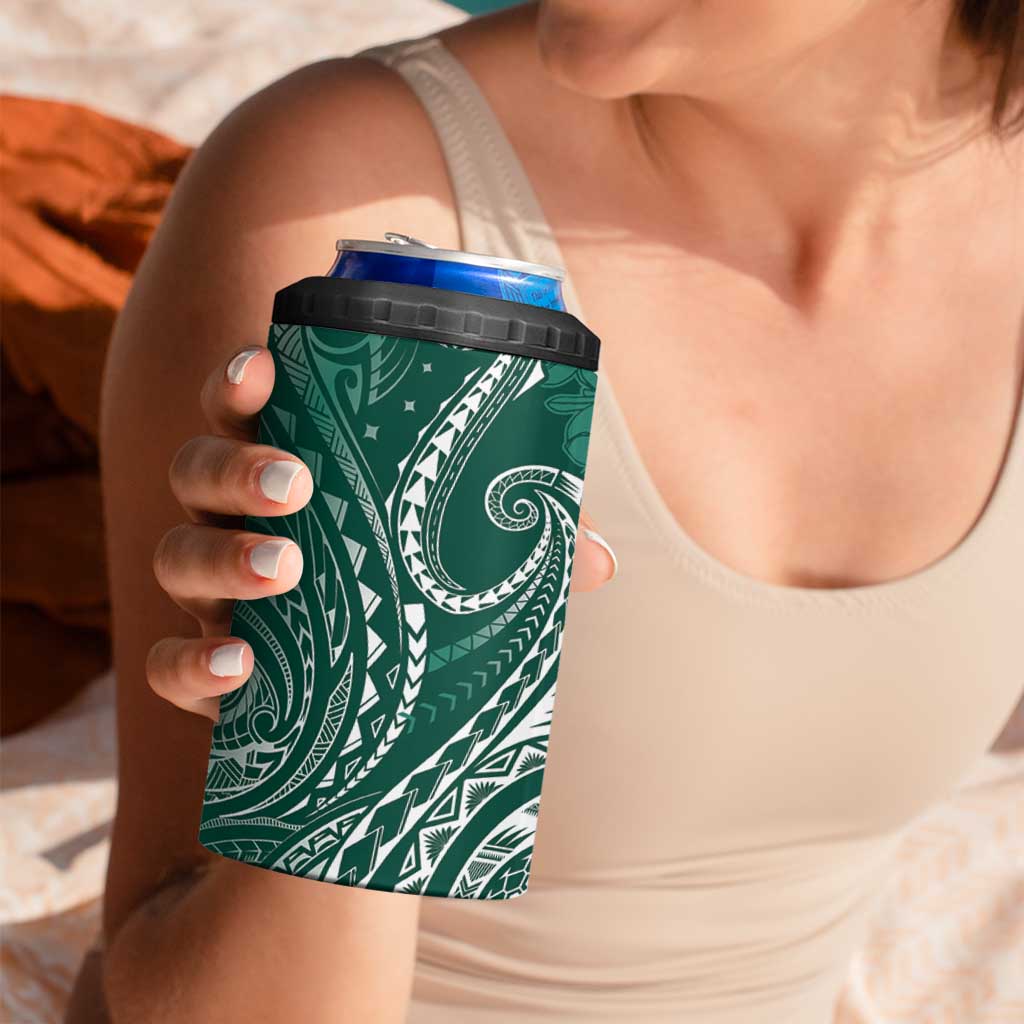 Polynesia Plumeria Lei 4 in 1 Can Cooler Tumbler Sage Green Curves Motif