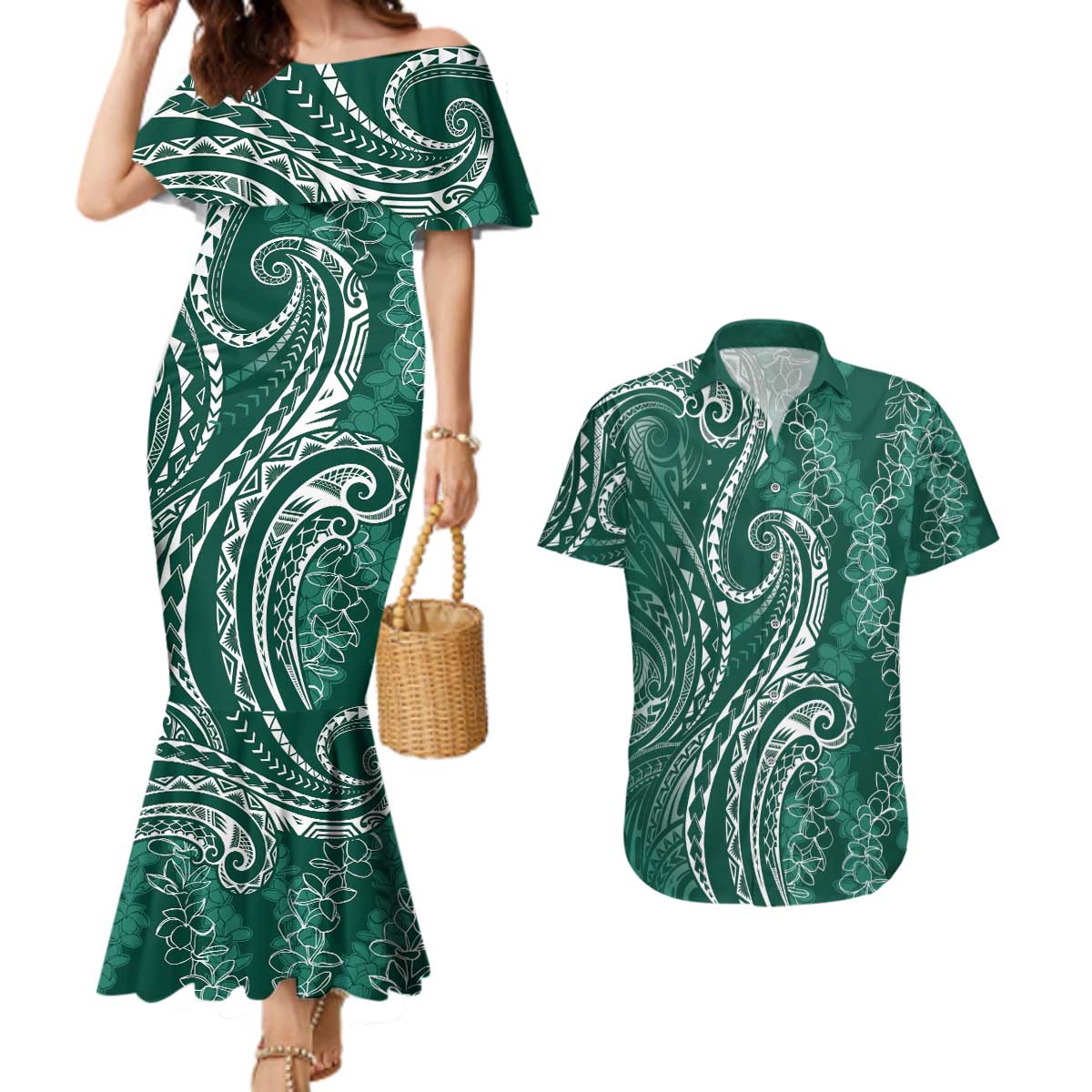 Polynesia Plumeria Lei Couples Matching Mermaid Dress and Hawaiian Shirt Sage Green Curves Motif