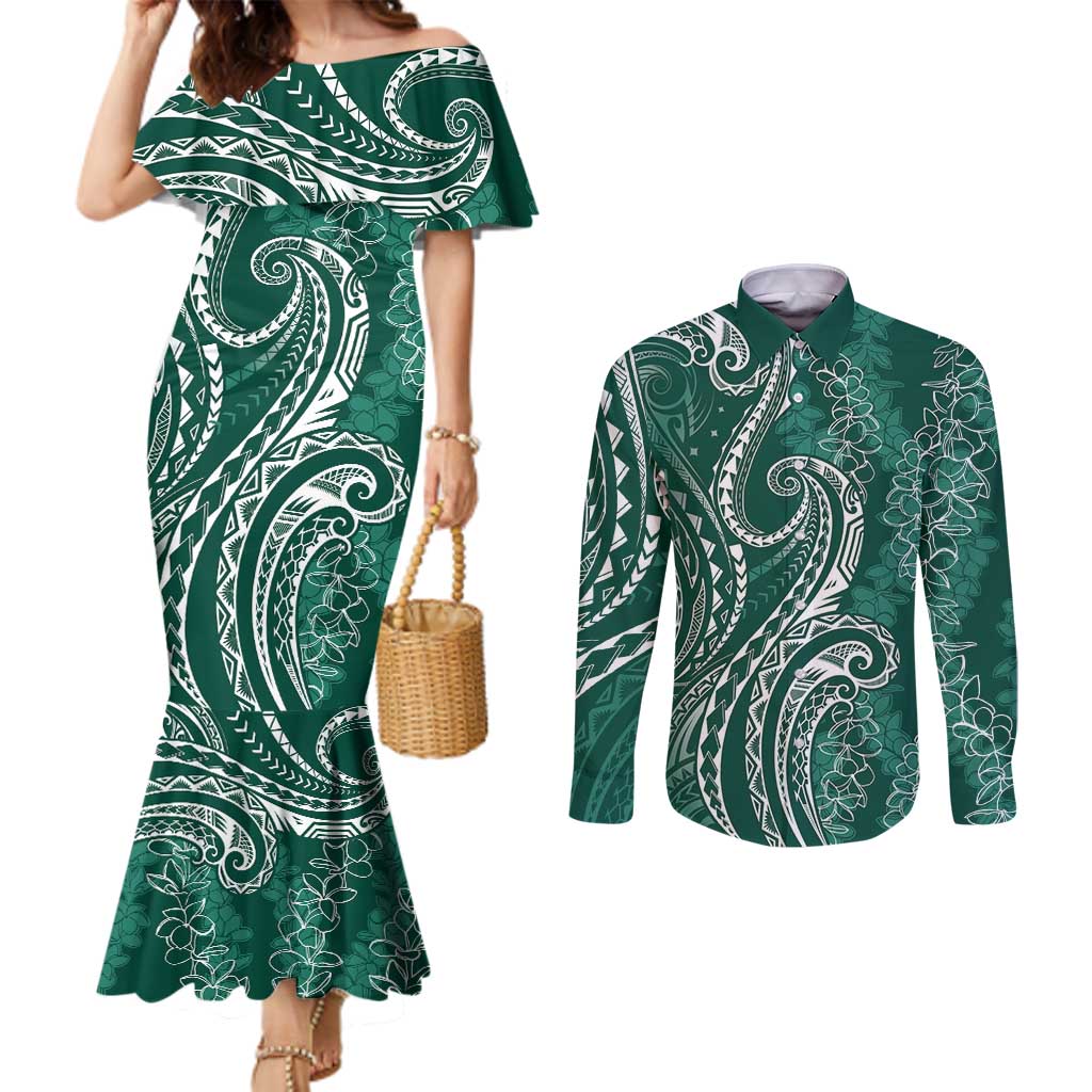 Polynesia Plumeria Lei Couples Matching Mermaid Dress and Long Sleeve Button Shirt Sage Green Curves Motif