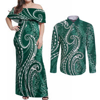 Polynesia Plumeria Lei Couples Matching Off Shoulder Maxi Dress and Long Sleeve Button Shirt Sage Green Curves Motif