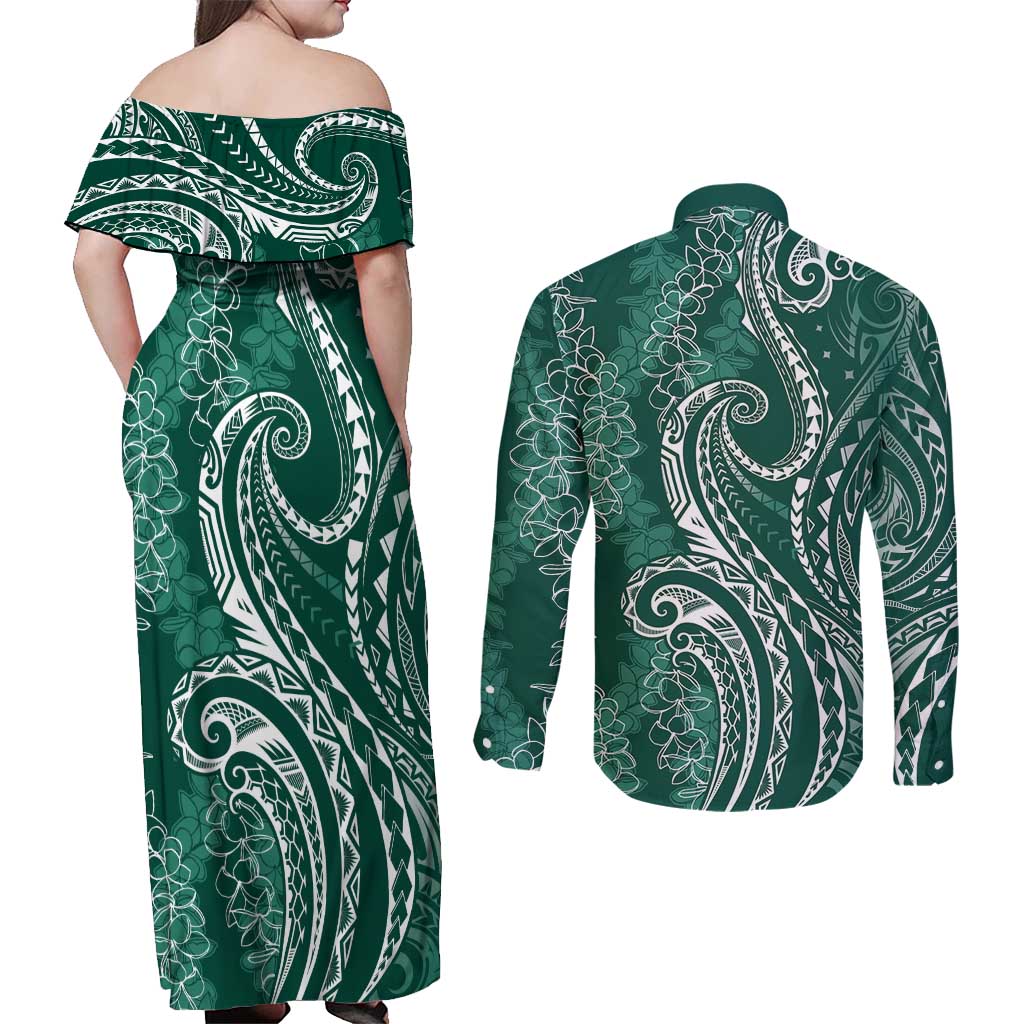 Polynesia Plumeria Lei Couples Matching Off Shoulder Maxi Dress and Long Sleeve Button Shirt Sage Green Curves Motif