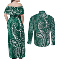 Polynesia Plumeria Lei Couples Matching Off Shoulder Maxi Dress and Long Sleeve Button Shirt Sage Green Curves Motif