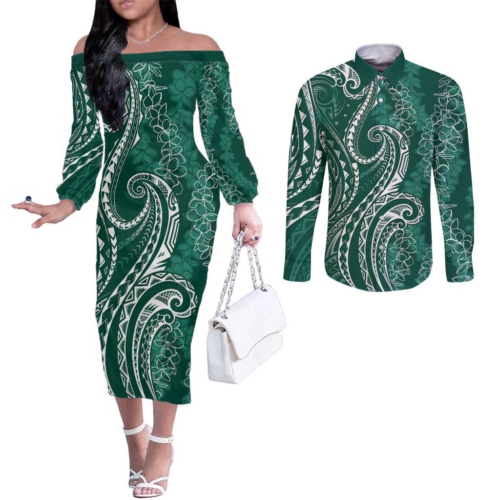 Polynesia Plumeria Lei Couples Matching Off The Shoulder Long Sleeve Dress and Long Sleeve Button Shirt Sage Green Curves Motif