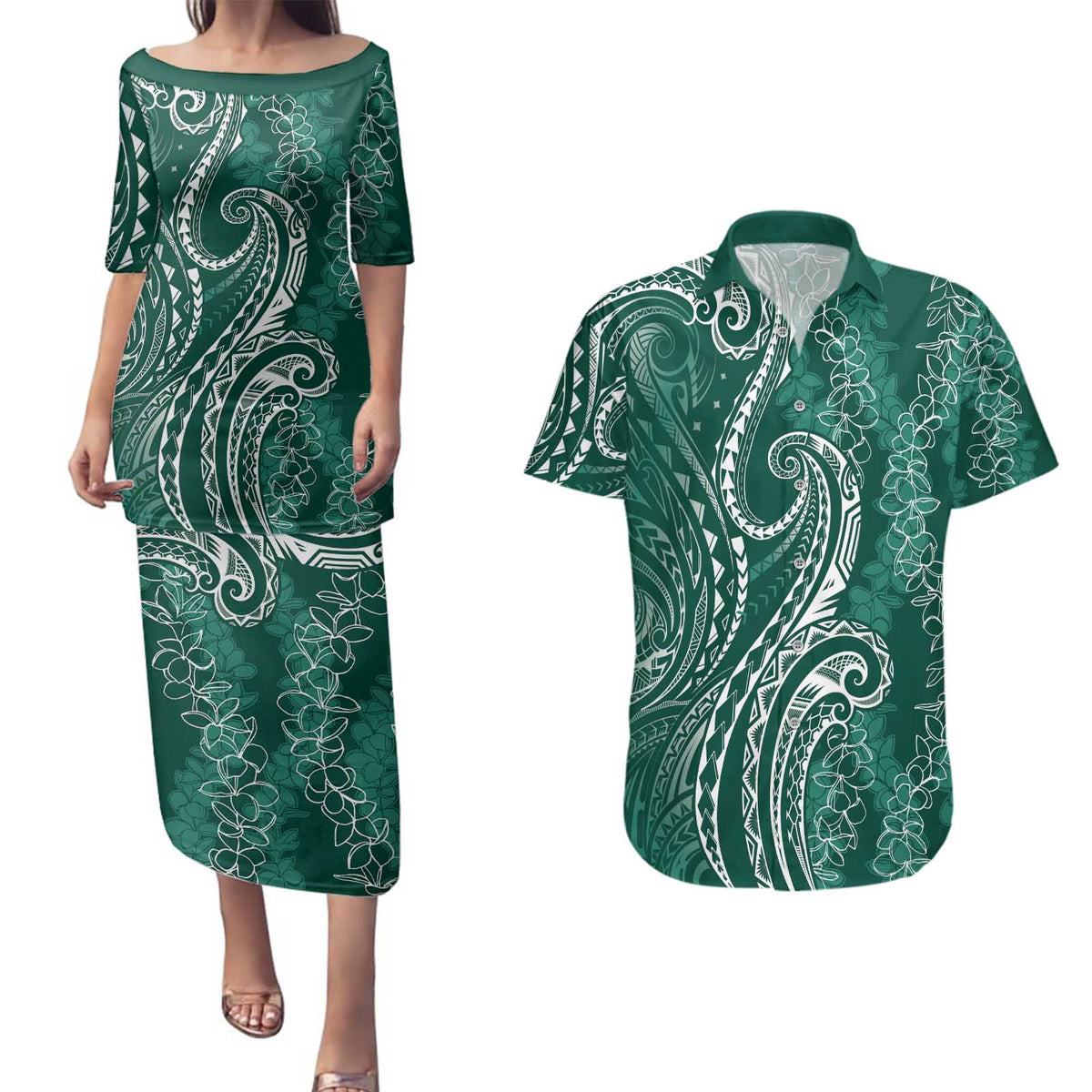 Polynesia Plumeria Lei Couples Matching Puletasi and Hawaiian Shirt Sage Green Curves Motif