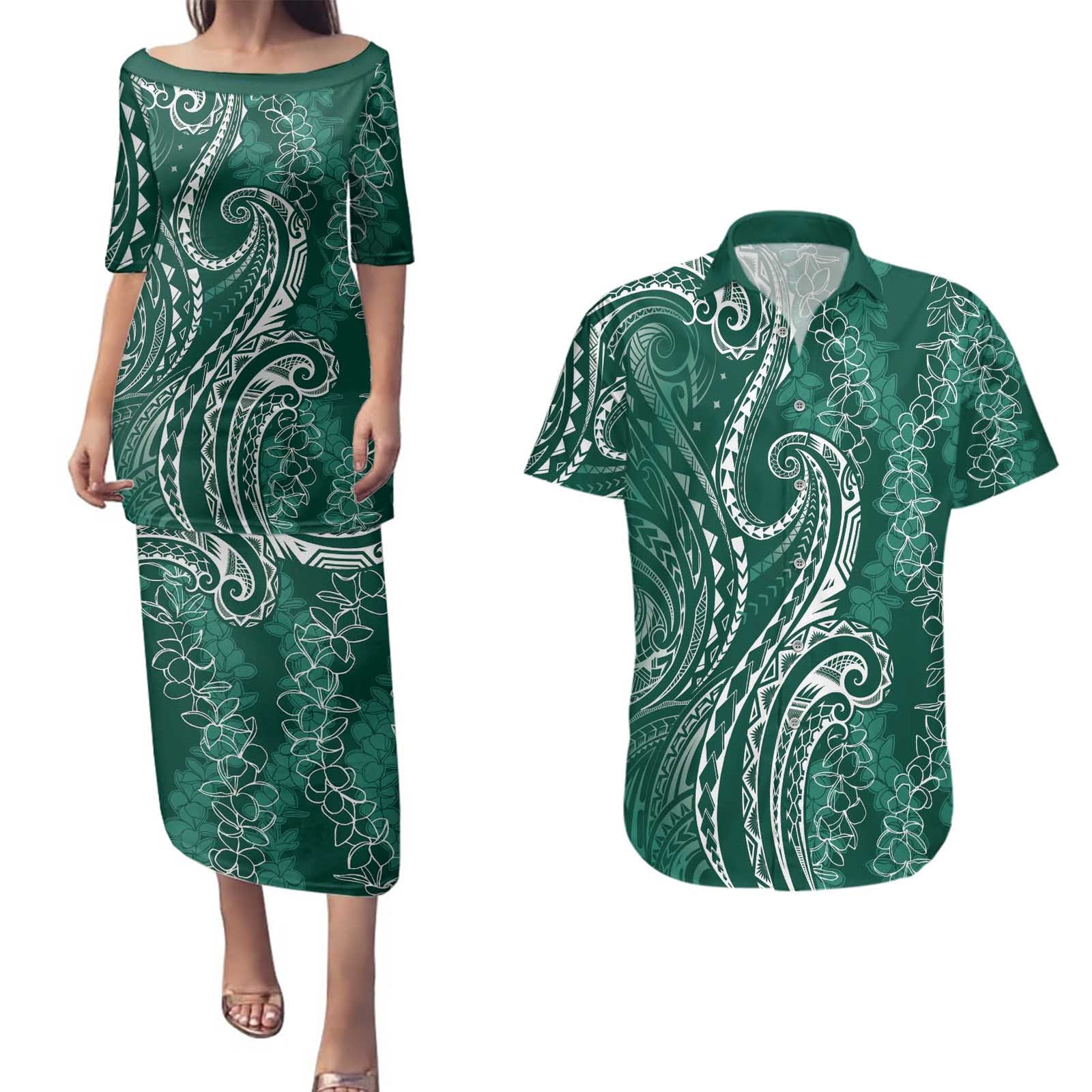 Polynesia Plumeria Lei Couples Matching Puletasi and Hawaiian Shirt Sage Green Curves Motif