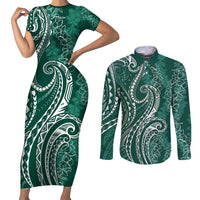 Polynesia Plumeria Lei Couples Matching Short Sleeve Bodycon Dress and Long Sleeve Button Shirt Sage Green Curves Motif