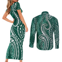 Polynesia Plumeria Lei Couples Matching Short Sleeve Bodycon Dress and Long Sleeve Button Shirt Sage Green Curves Motif
