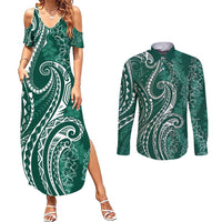 Polynesia Plumeria Lei Couples Matching Summer Maxi Dress and Long Sleeve Button Shirt Sage Green Curves Motif