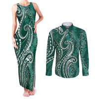 Polynesia Plumeria Lei Couples Matching Tank Maxi Dress and Long Sleeve Button Shirt Sage Green Curves Motif