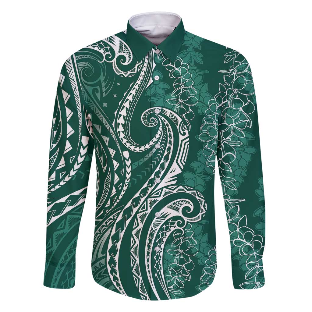 Polynesia Plumeria Lei Family Matching Long Sleeve Bodycon Dress and Hawaiian Shirt Sage Green Curves Motif LT7 Dad's Shirt - Long Sleeve Dark Green - Polynesian Pride