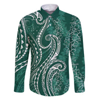 Polynesia Plumeria Lei Family Matching Long Sleeve Bodycon Dress and Hawaiian Shirt Sage Green Curves Motif LT7 Dad's Shirt - Long Sleeve Dark Green - Polynesian Pride