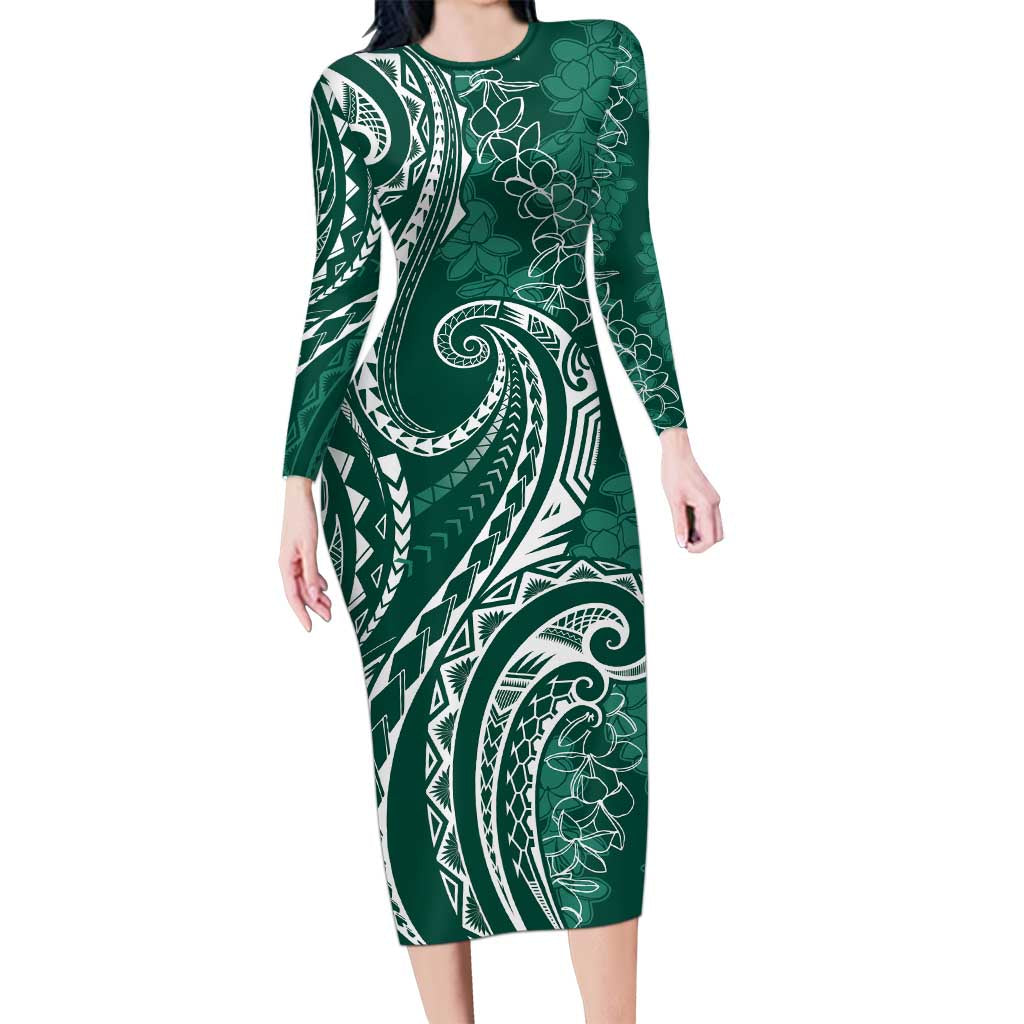 Polynesia Plumeria Lei Family Matching Long Sleeve Bodycon Dress and Hawaiian Shirt Sage Green Curves Motif LT7 Mom's Dress Dark Green - Polynesian Pride