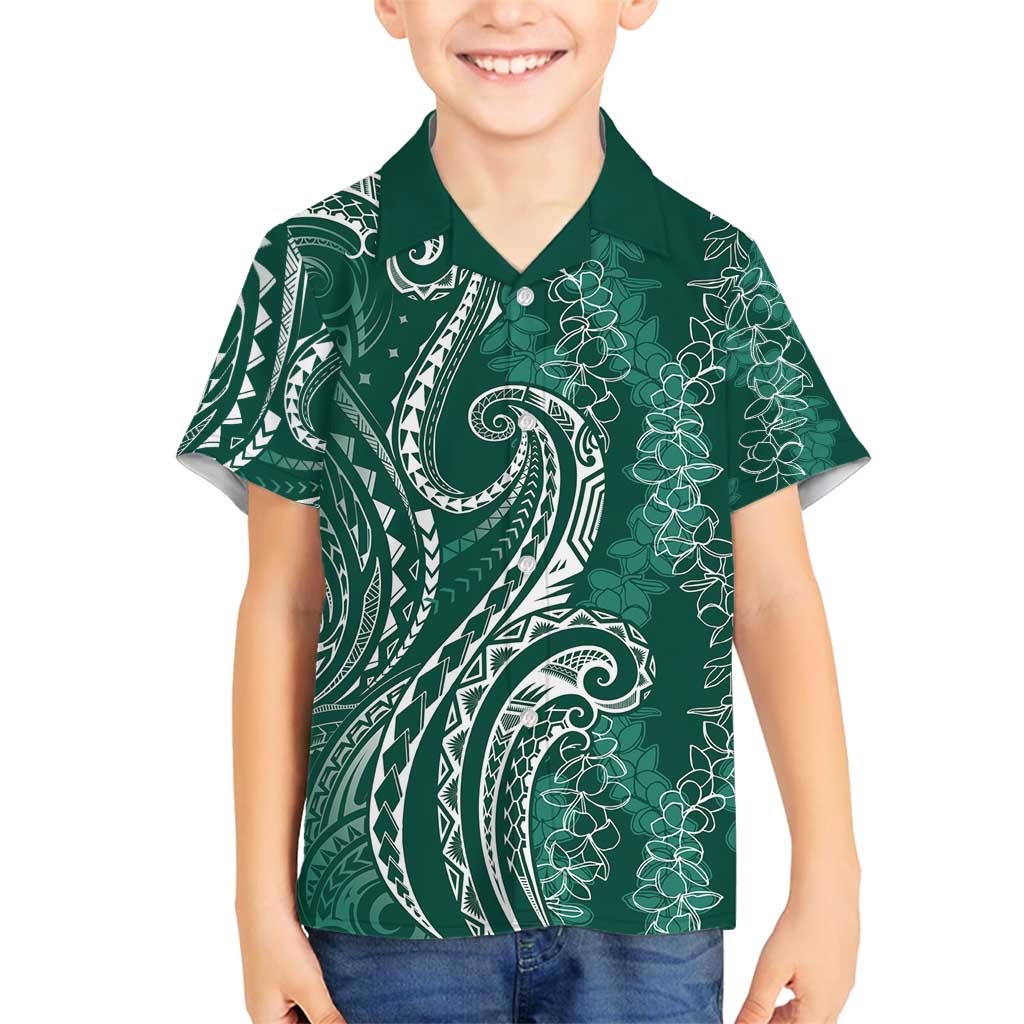Polynesia Plumeria Lei Family Matching Long Sleeve Bodycon Dress and Hawaiian Shirt Sage Green Curves Motif LT7 Son's Shirt Dark Green - Polynesian Pride