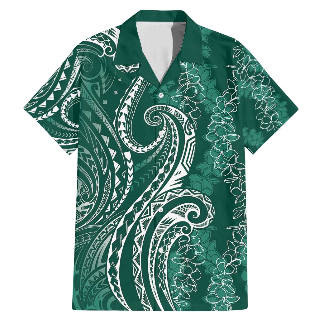 Polynesia Plumeria Lei Family Matching Mermaid Dress and Hawaiian Shirt Sage Green Curves Motif LT7 Dad's Shirt - Short Sleeve Dark Green - Polynesian Pride