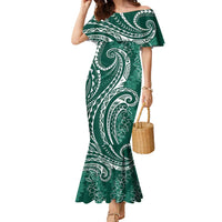Polynesia Plumeria Lei Family Matching Mermaid Dress and Hawaiian Shirt Sage Green Curves Motif LT7 Mom's Dress Dark Green - Polynesian Pride
