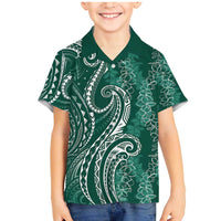 Polynesia Plumeria Lei Family Matching Mermaid Dress and Hawaiian Shirt Sage Green Curves Motif LT7 Son's Shirt Dark Green - Polynesian Pride