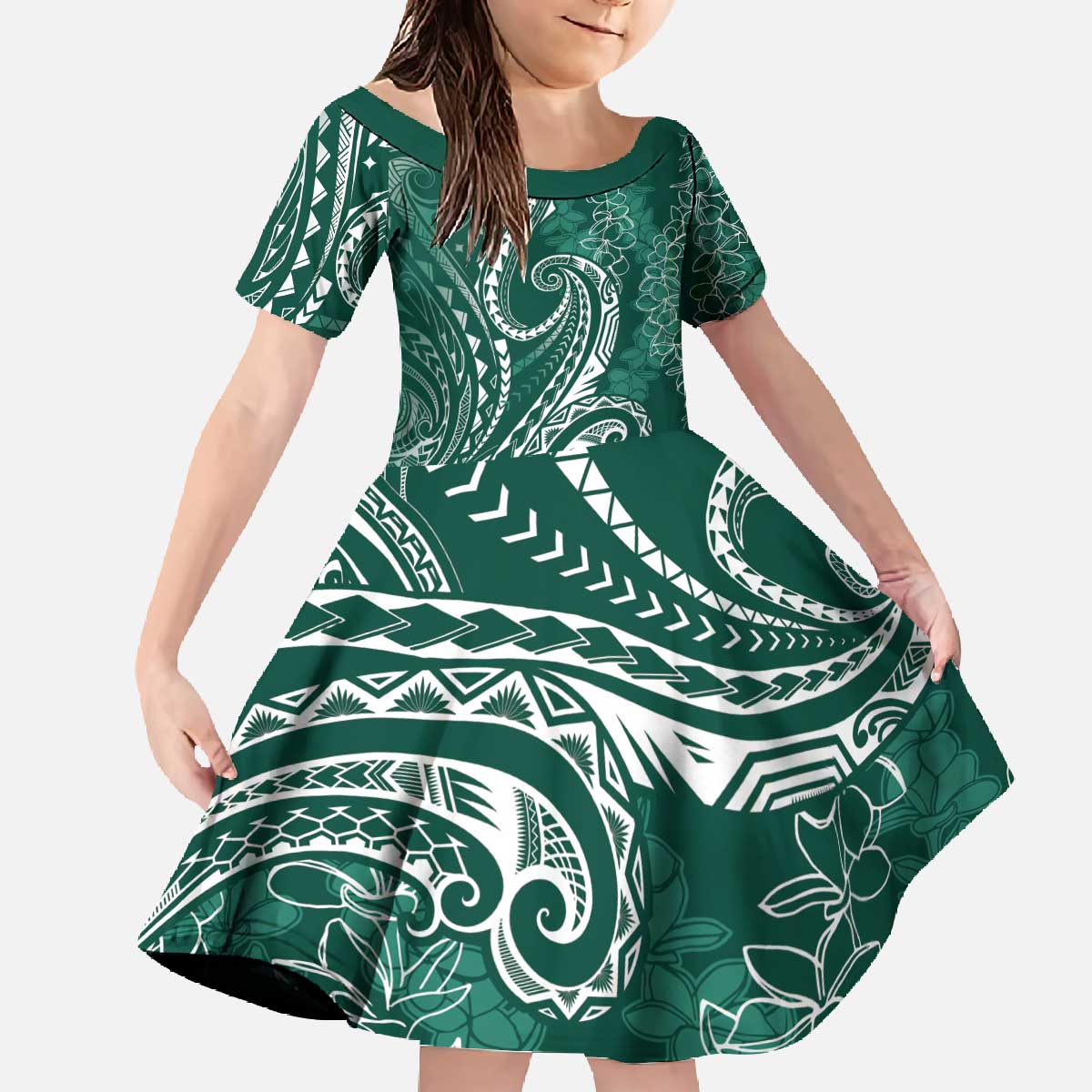 Polynesia Plumeria Lei Family Matching Off The Shoulder Long Sleeve Dress and Hawaiian Shirt Sage Green Curves Motif LT7 Daughter's Dress Dark Green - Polynesian Pride