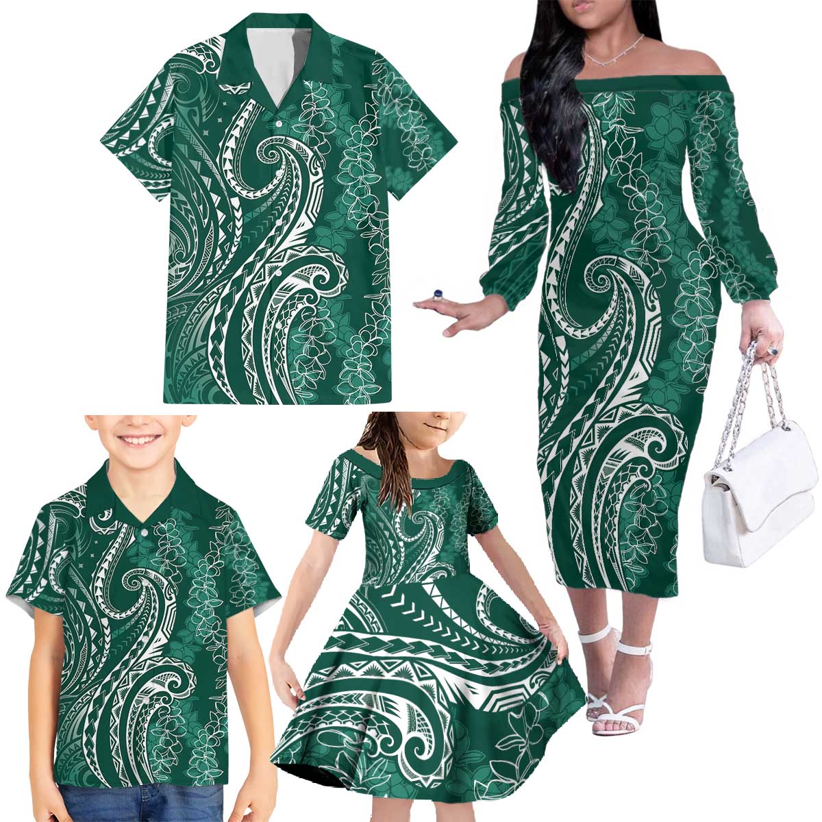 Polynesia Plumeria Lei Family Matching Off The Shoulder Long Sleeve Dress and Hawaiian Shirt Sage Green Curves Motif LT7 - Polynesian Pride