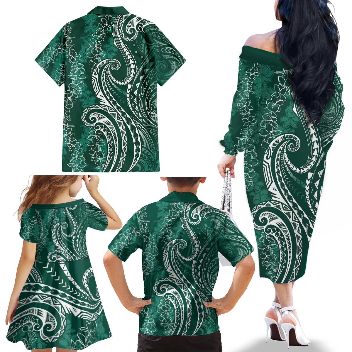 Polynesia Plumeria Lei Family Matching Off The Shoulder Long Sleeve Dress and Hawaiian Shirt Sage Green Curves Motif LT7 - Polynesian Pride