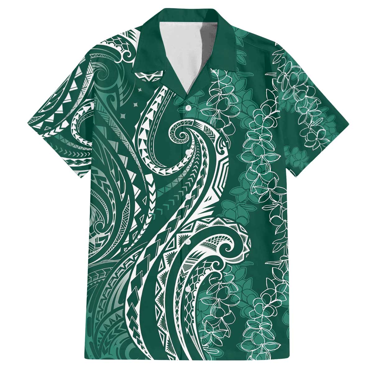 Polynesia Plumeria Lei Family Matching Off The Shoulder Long Sleeve Dress and Hawaiian Shirt Sage Green Curves Motif LT7 Dad's Shirt - Short Sleeve Dark Green - Polynesian Pride