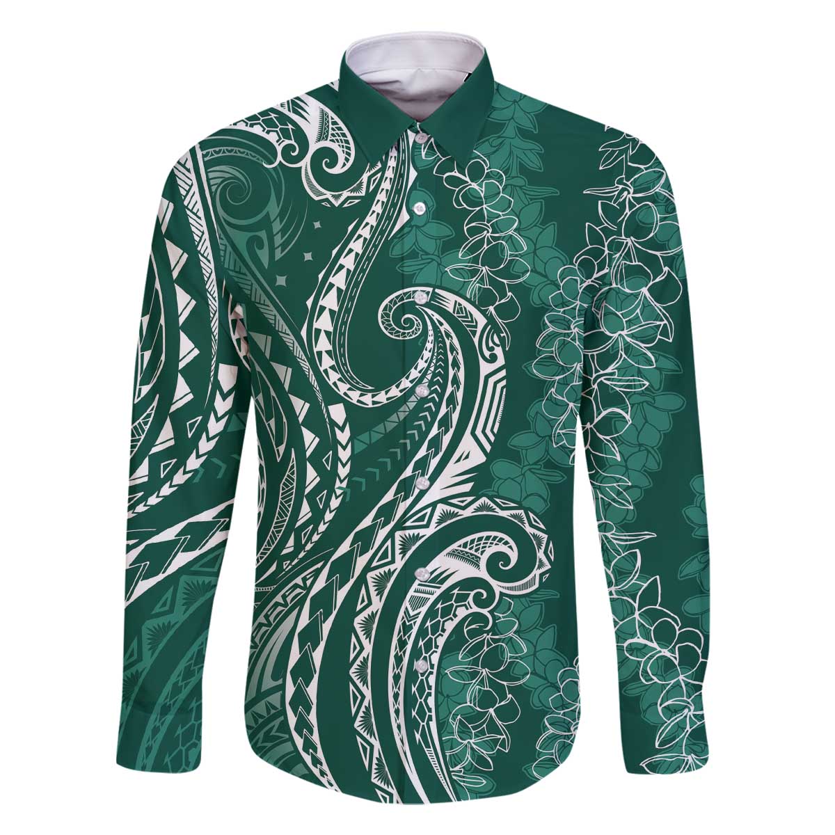 Polynesia Plumeria Lei Family Matching Off The Shoulder Long Sleeve Dress and Hawaiian Shirt Sage Green Curves Motif LT7 Dad's Shirt - Long Sleeve Dark Green - Polynesian Pride