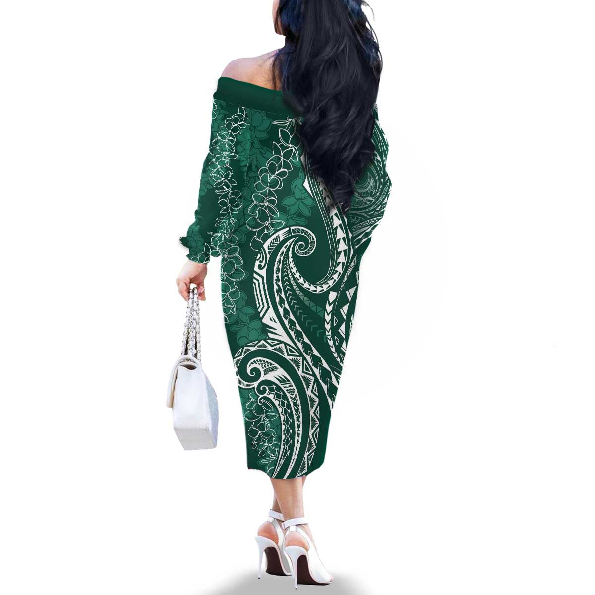 Polynesia Plumeria Lei Family Matching Off The Shoulder Long Sleeve Dress and Hawaiian Shirt Sage Green Curves Motif LT7 - Polynesian Pride