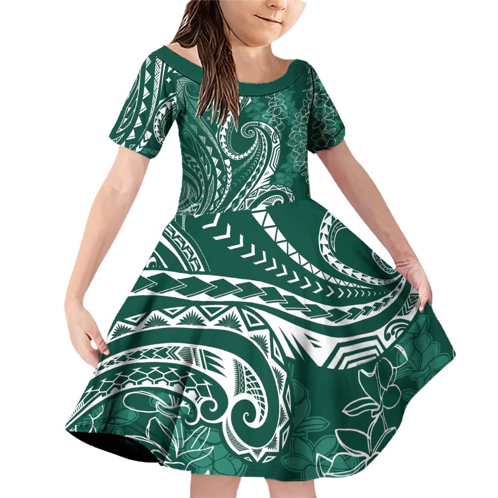 Polynesia Plumeria Lei Family Matching Off Shoulder Short Dress and Hawaiian Shirt Sage Green Curves Motif LT7 Daughter's Dress Dark Green - Polynesian Pride