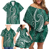Polynesia Plumeria Lei Family Matching Off Shoulder Short Dress and Hawaiian Shirt Sage Green Curves Motif LT7 - Polynesian Pride
