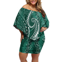Polynesia Plumeria Lei Family Matching Off Shoulder Short Dress and Hawaiian Shirt Sage Green Curves Motif LT7 Mom's Dress Dark Green - Polynesian Pride