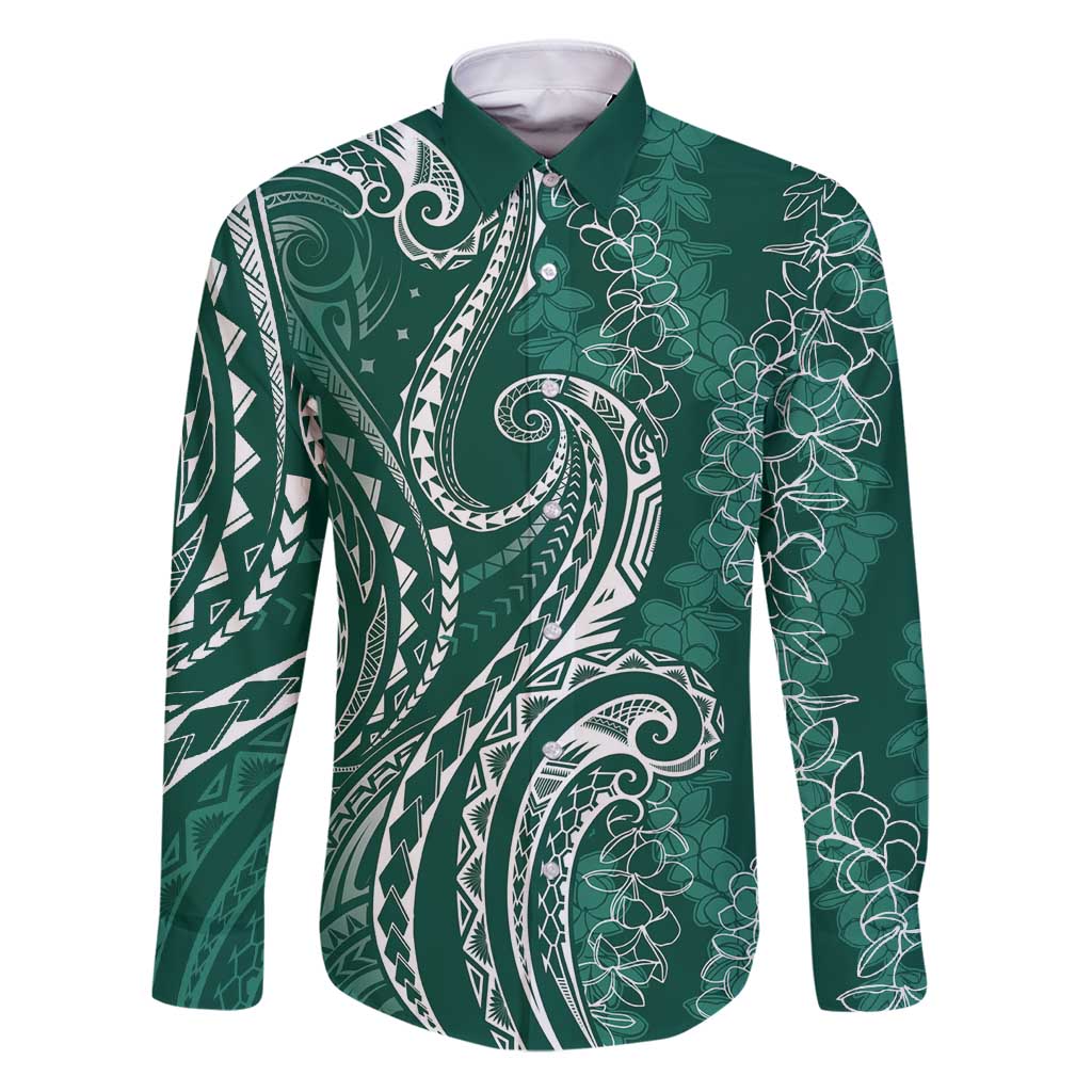 Polynesia Plumeria Lei Family Matching Puletasi and Hawaiian Shirt Sage Green Curves Motif